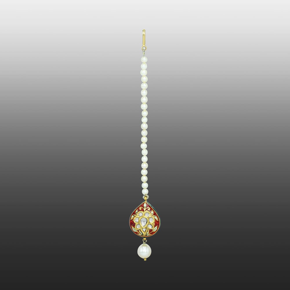 Red Enamel Polki Mangtikka with Pearl Strand and Drop